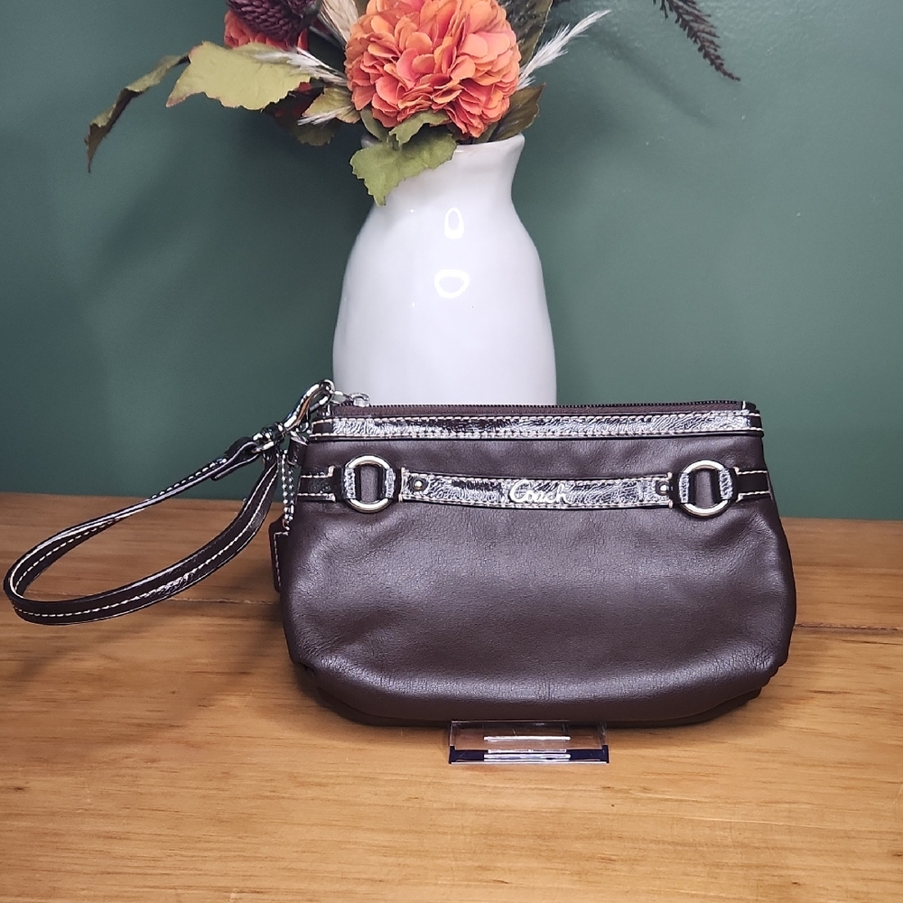 Coach Dark Brown Wristlet with Silver Accents